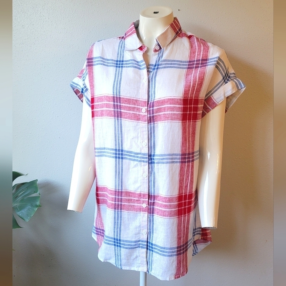 BeachLunchLounge Linen Stripe Plaid Red White Blue Button Down Top Patriotic